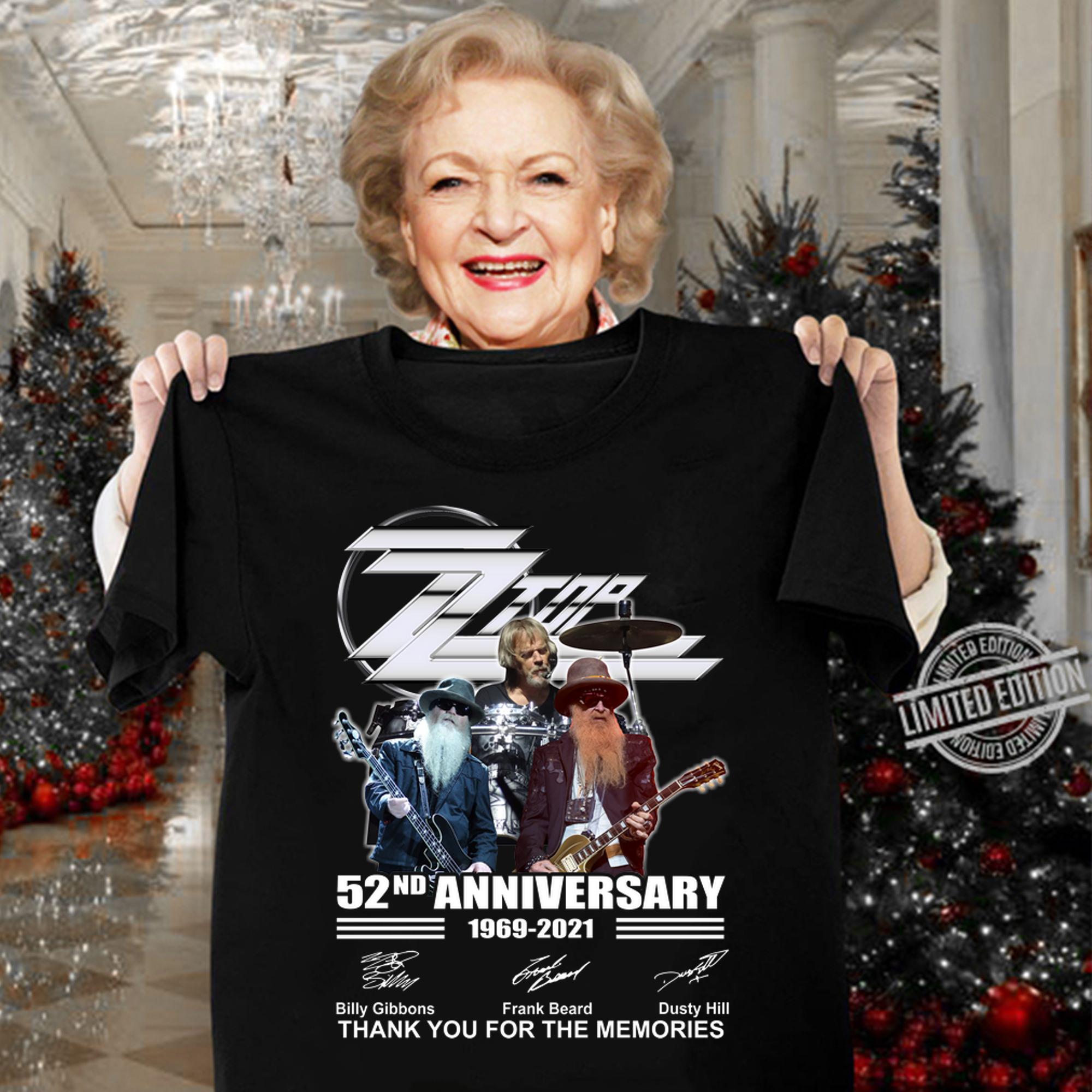 Dusty Hill ZZ Top Band 52nd Anniversary 1969-2021 Signatures Thank You For The Memories t-shirt woman shirt
