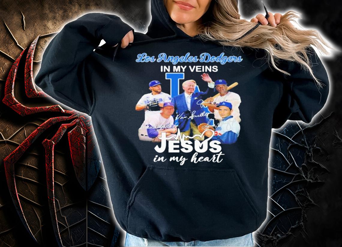 Vin Scully Los Angeles Dodgers In My Veins Jesus In My Heart Signatures Shirt t-shirt hoodie