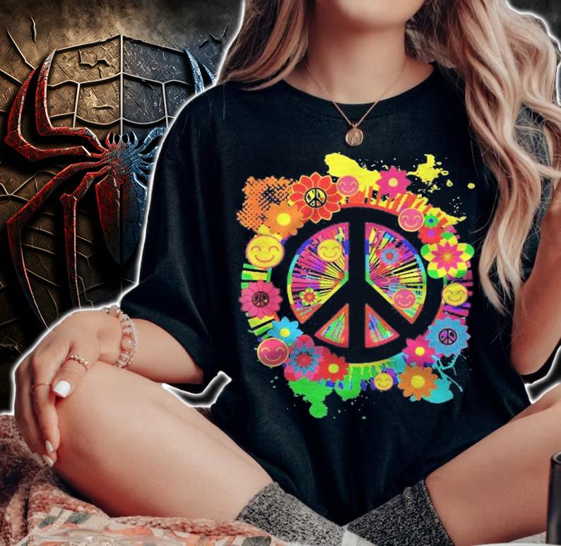 Peace Sign Bright Colorful Flowers 60S 70S Hippie Retro Shirt t-shirt woman shirt