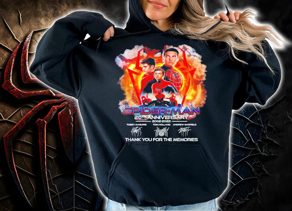 Spider-Man 20th Anniversary 2002-2022 Andrew Garfield Tom Holland And Tobey Maguire Signatures Thank You For The Memories Shirt hoodie