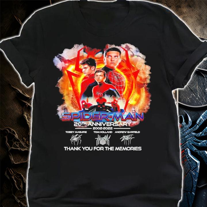 Spider-Man 20th Anniversary 2002-2022 Andrew Garfield Tom Holland And Tobey Maguire Signatures Thank You For The Memories Shirt shirt