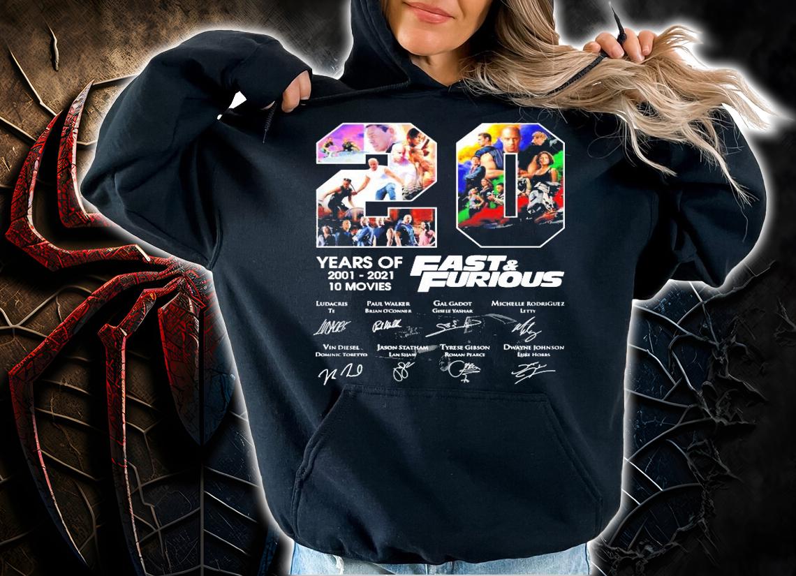 Men's 20 years of 2001-2021 10 movies Fast and Furious signature shirt hoodie
