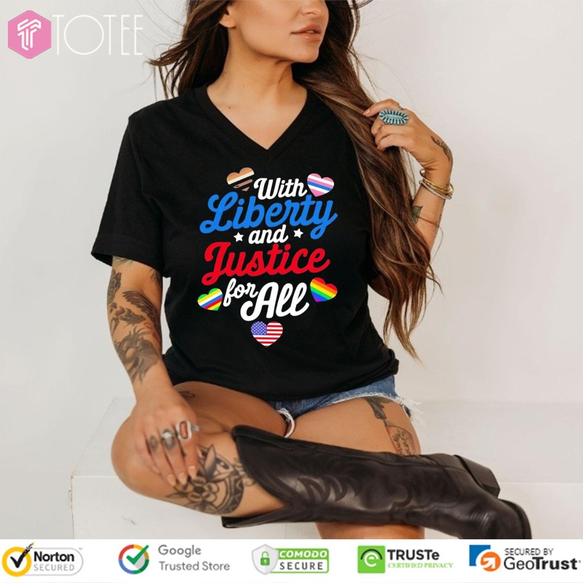 With Liberty And Justice For All Lgbt 4Th Of July Hearts V-neck
