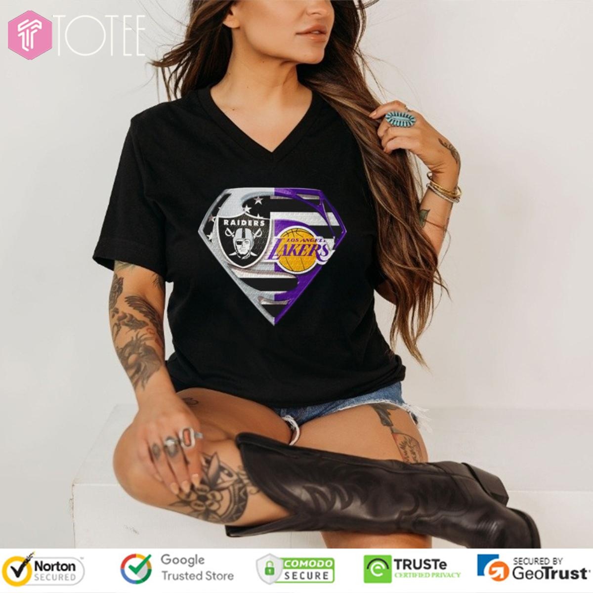 Las Vegas Raiders And Los Angeles Lakers Superman American Flag V-neck