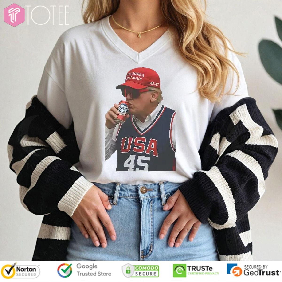 Trump Wearing Maga Hat And Drinking Busch Light Beer V-neck