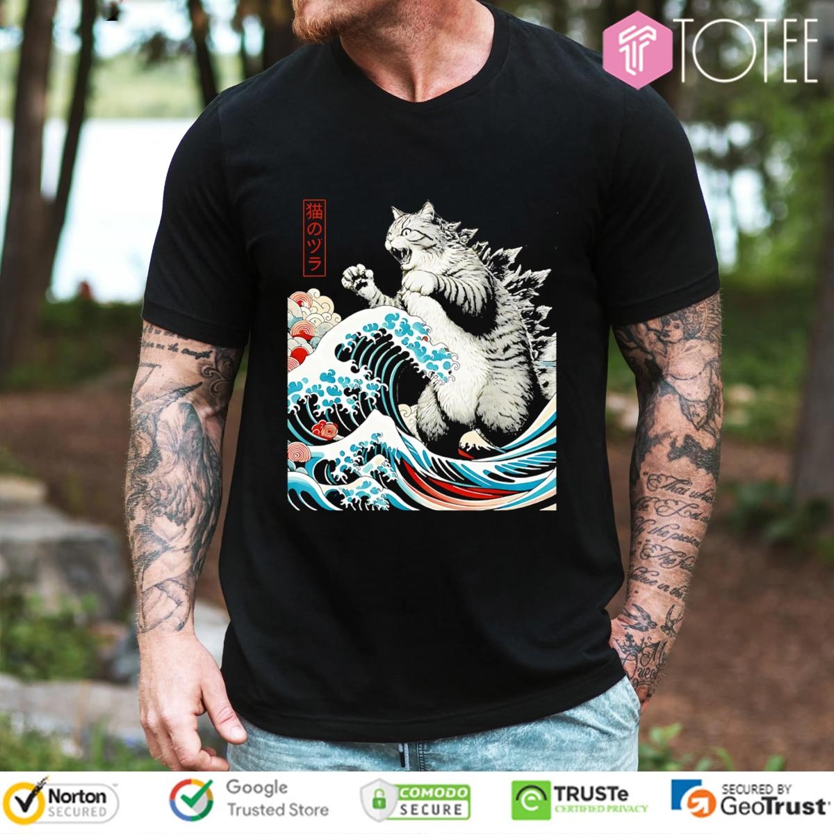 Catzilla Waves Ukiyo-E Parody Godzilla Cat T-shirt